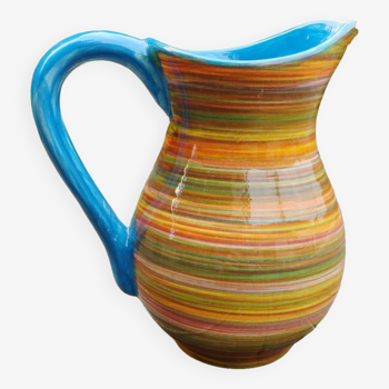 Striped ceramic pitcher, blue handle, Spanish craftsmanship, Ivanros