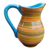 Striped ceramic pitcher, blue handle, Spanish craftsmanship, Ivanros