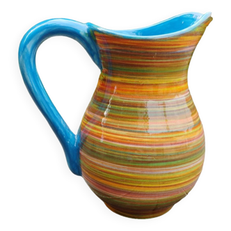 Striped ceramic pitcher, blue handle, Spanish craftsmanship, Ivanros