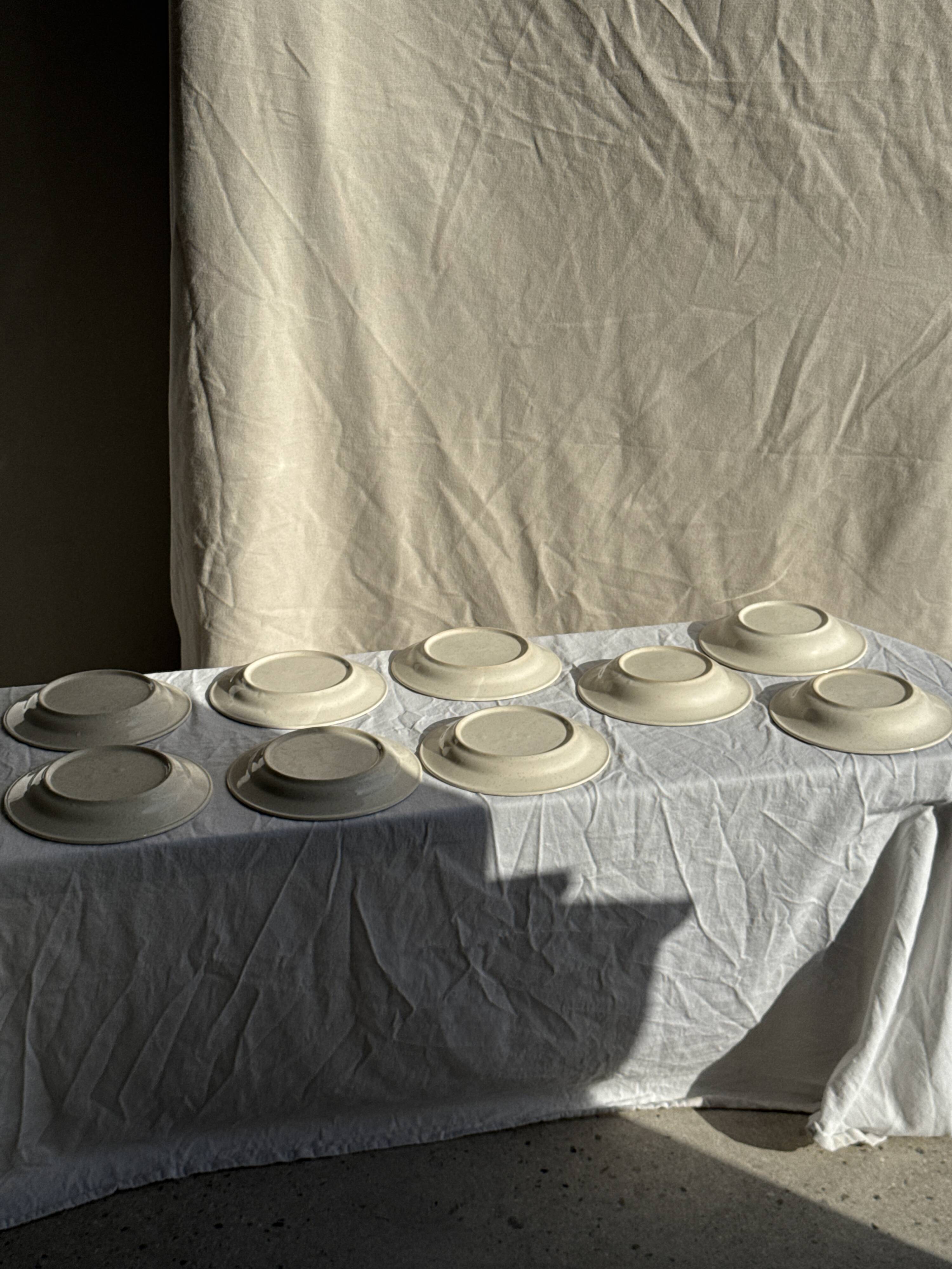 Set consisting of 6 beige flat plates with a blue rim + 3 deep plates.