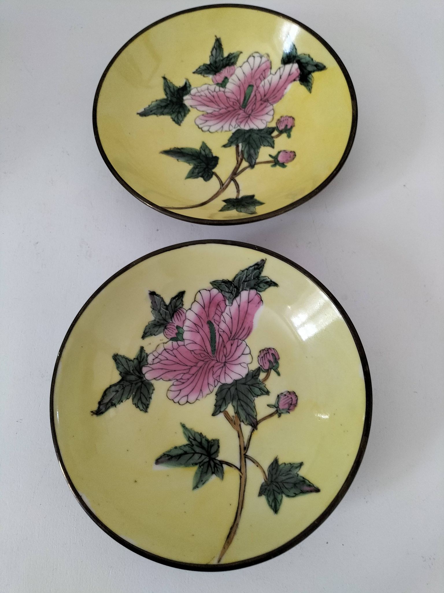 A pair of vintage Chinese decorative plates with floral designs on a yellow background.