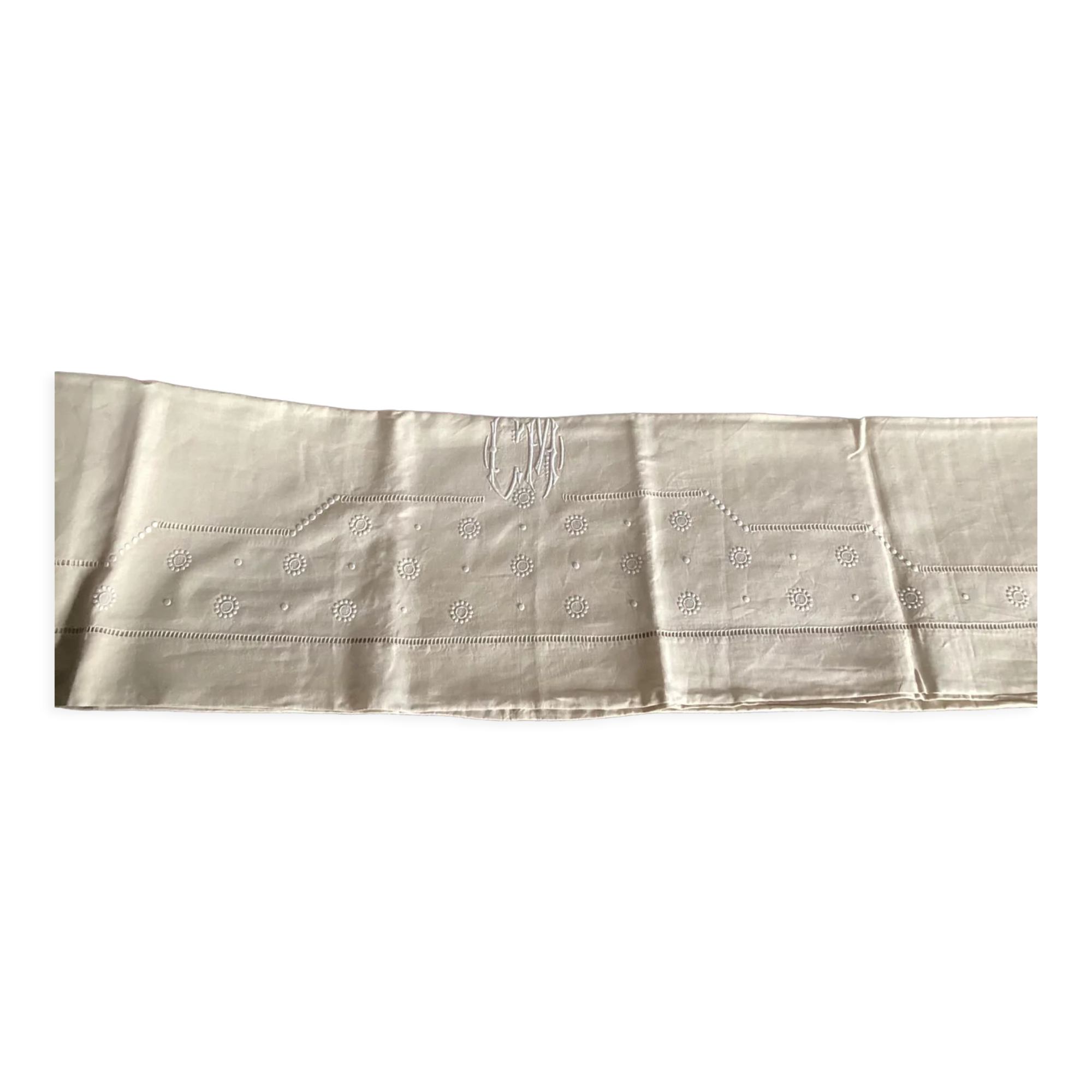 Drap 2 personnes en métis avec bandeau à petits ronds brodé