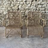 Ensemble table basse et fauteuils en roseau - années 50