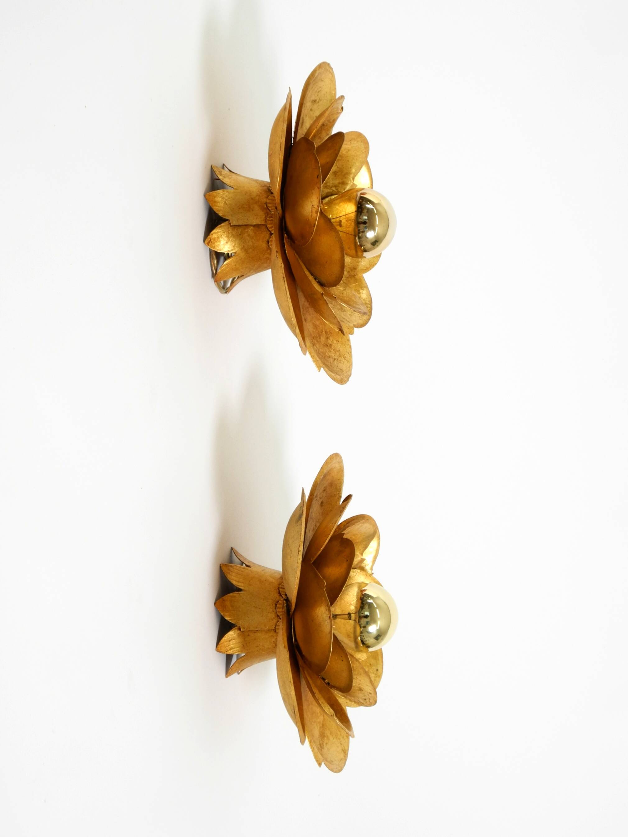 Two beautiful, large, gilt wall lamps, "Water Lily," Italy, 1960s