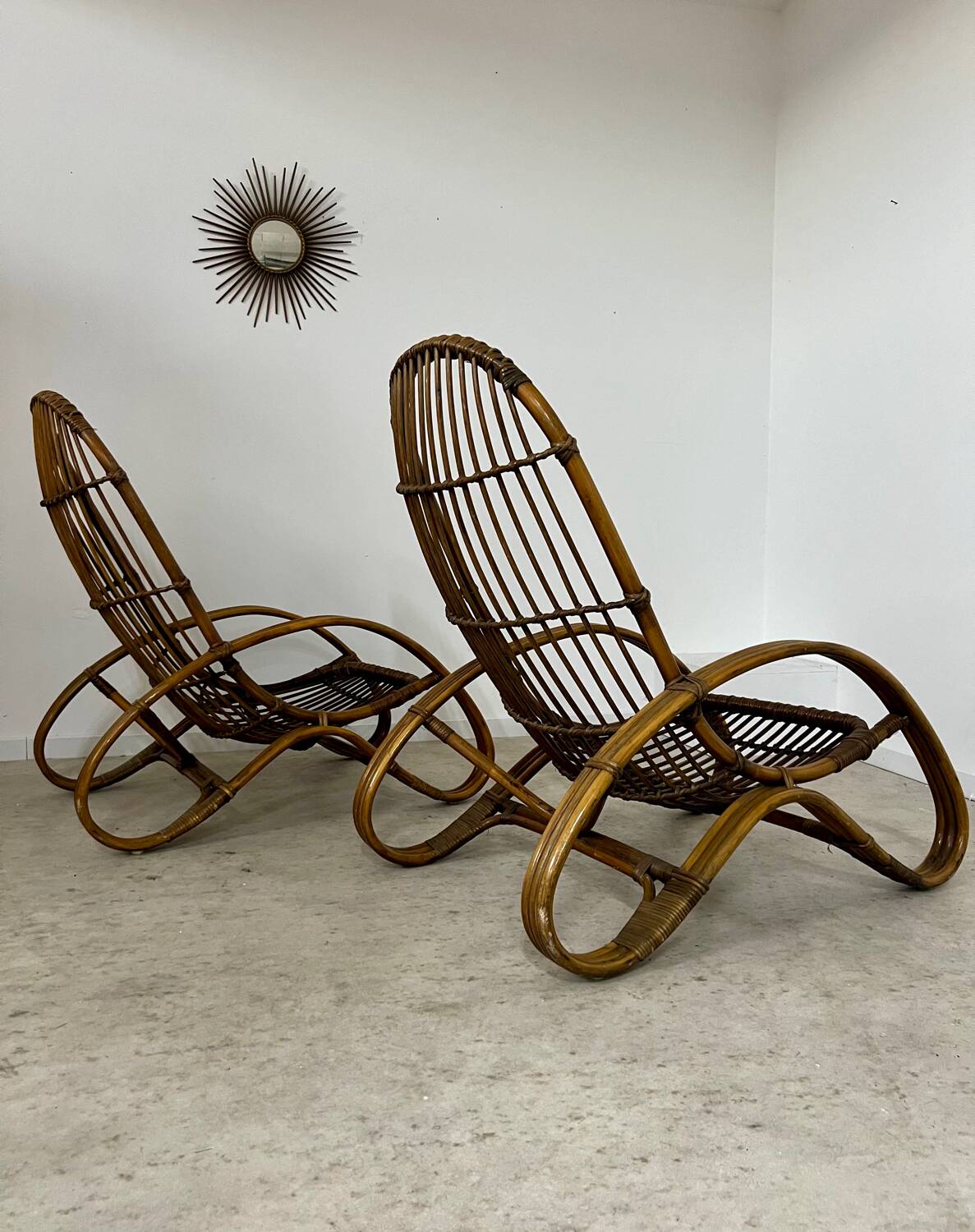 Set of 2 rattan lounge chairs armchairs Italian design from the 60s vintage rattan