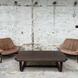 Sofa set with 2 armchairs and coffee table in banbou and leather 1970