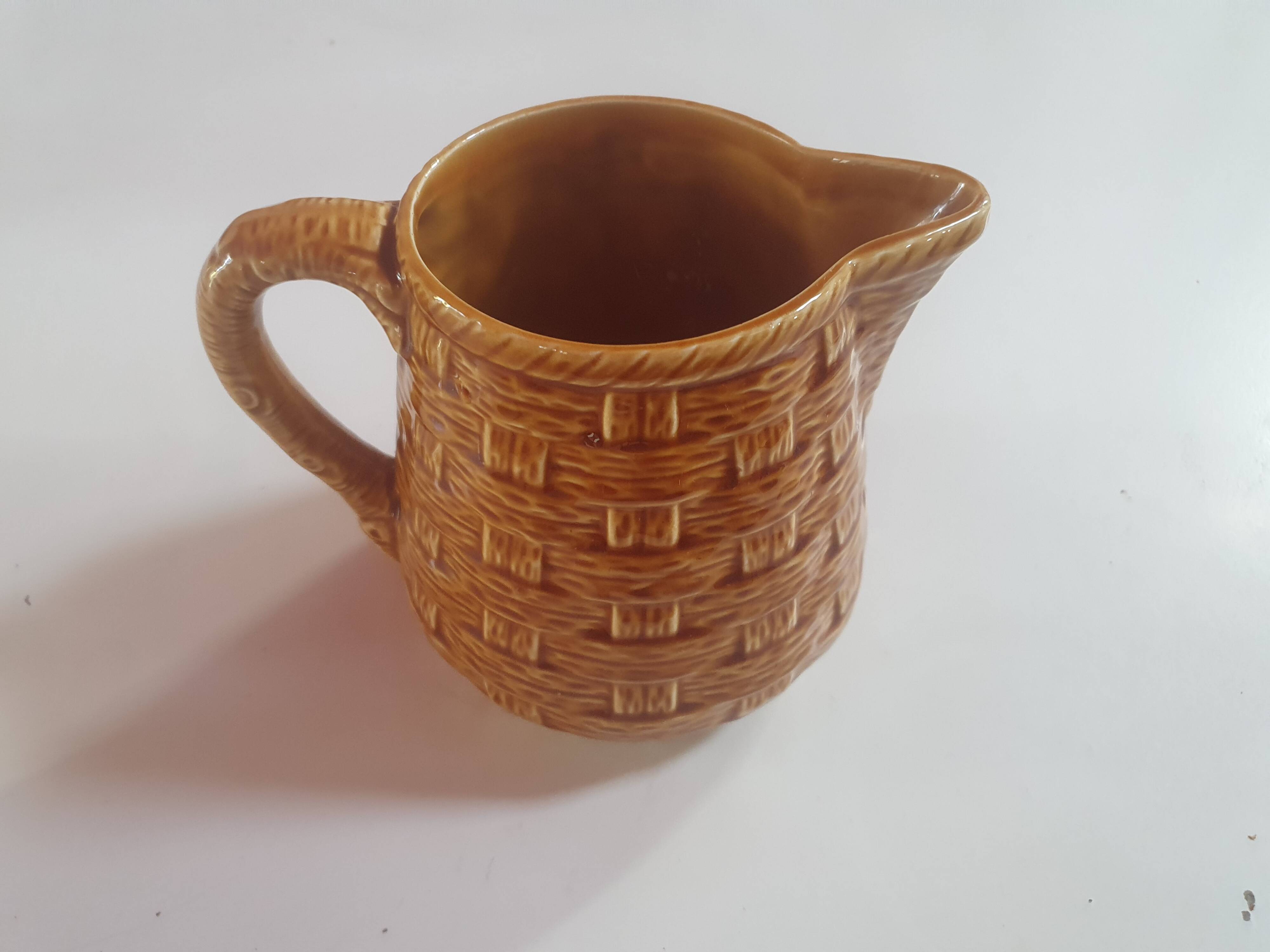Vintage digoin sarreguemines pitcher in slip in yellow numbered woven basket pattern