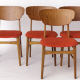 Set of 4 Danish Dining Chairs – Teak & Oak, 1960s, Red-Orange Upholstery