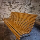 Vintage French garden bench in pine, mid-20th century.