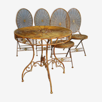 Garden furniture table and 4 folding chairs in patinated iron