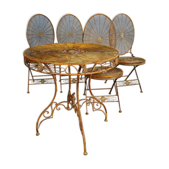 Garden furniture table and 4 folding chairs in patinated iron
