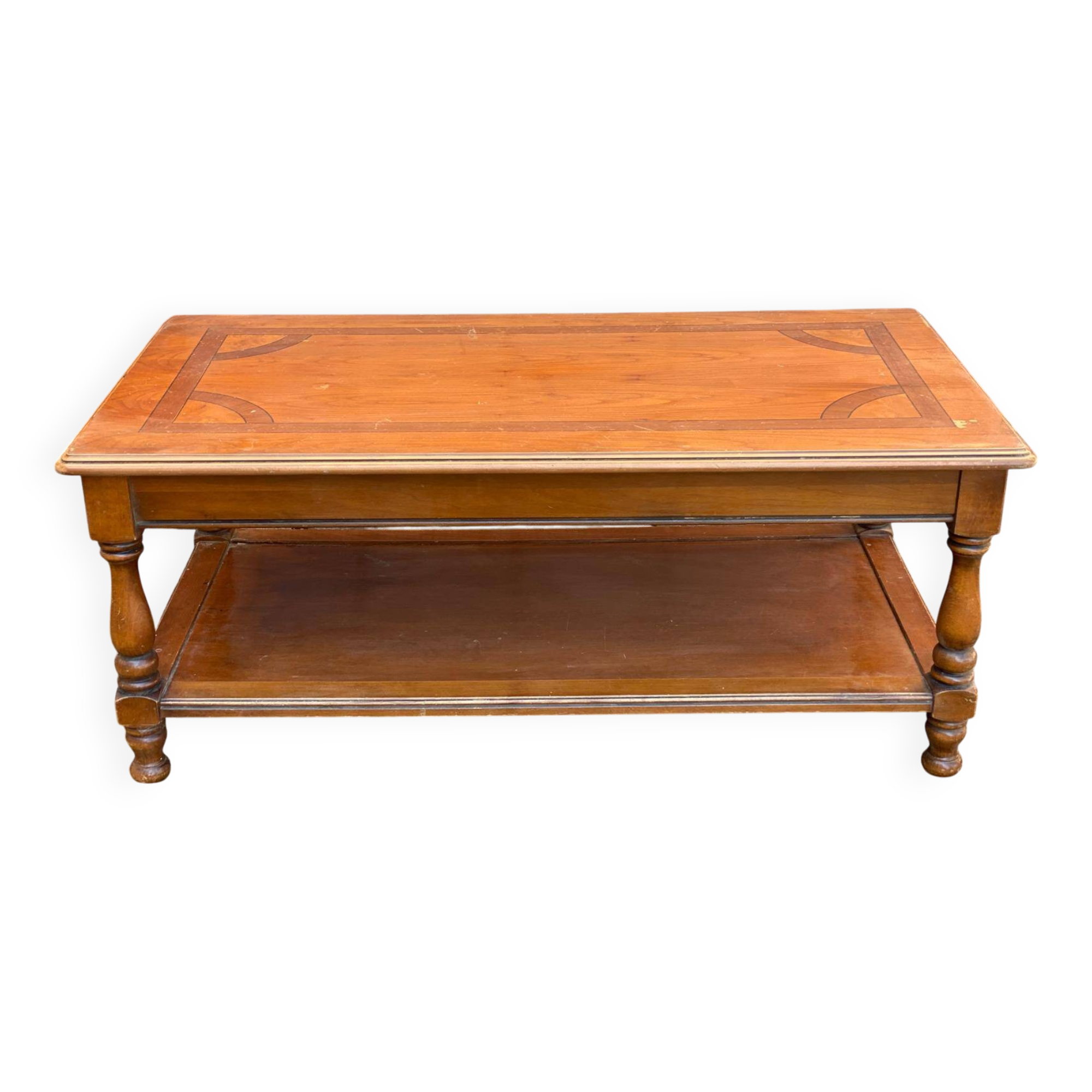 Solid wood and marquetry coffee table, double top, 110cm