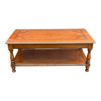 Table basse bois massif et marqueterie double plateau 110cm
