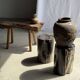 Black petrified wood side table with beige stripes, fine mesh, H35 D24 - 33