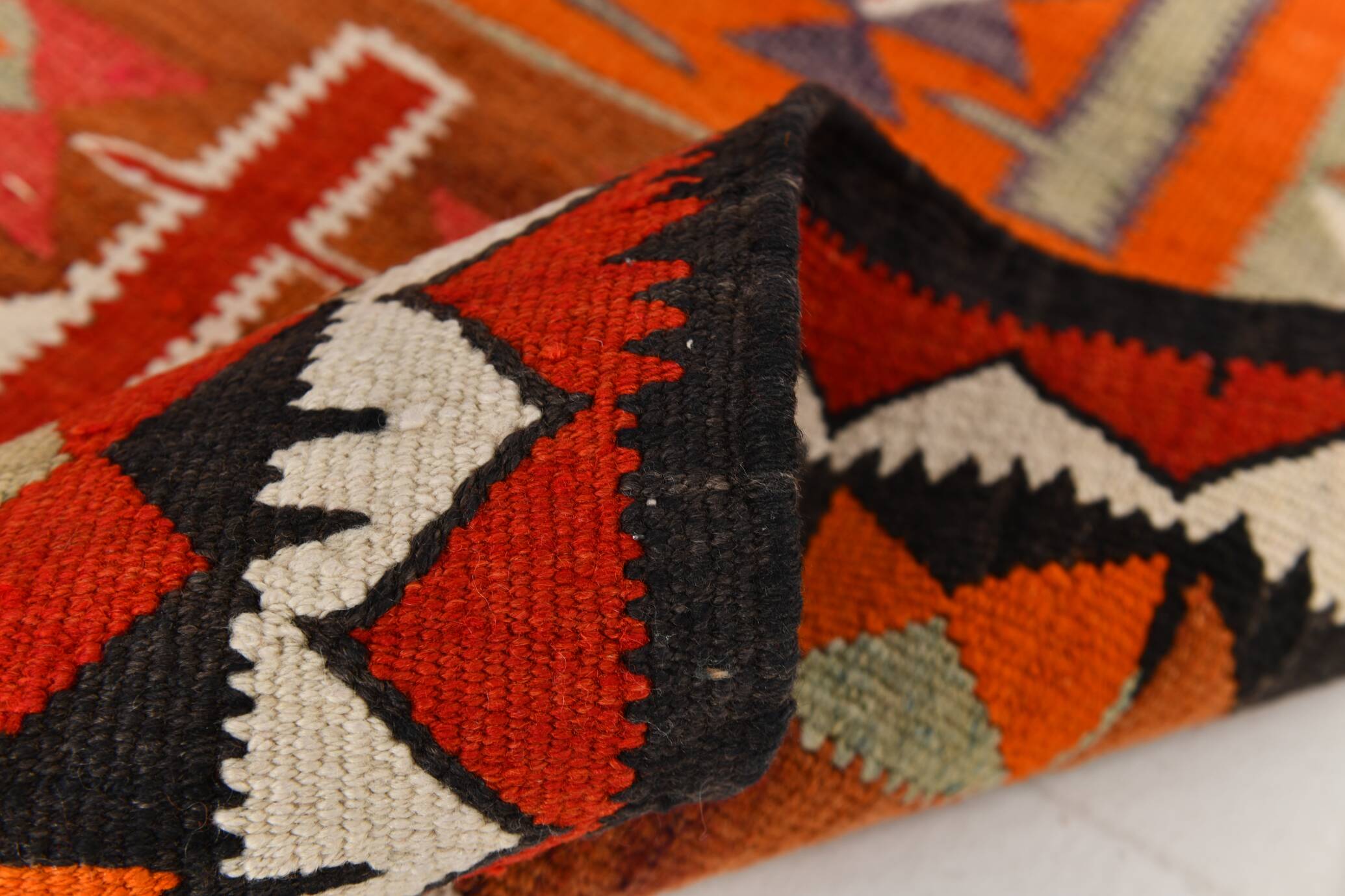 Tapis Kilim 3x10 Orange citrouille 93x308 cm
