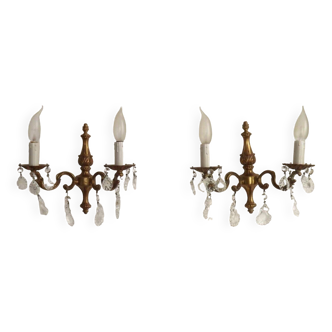 Pair French Bronze Traditional Style Double Wall Lights Assorted Crystals 4454