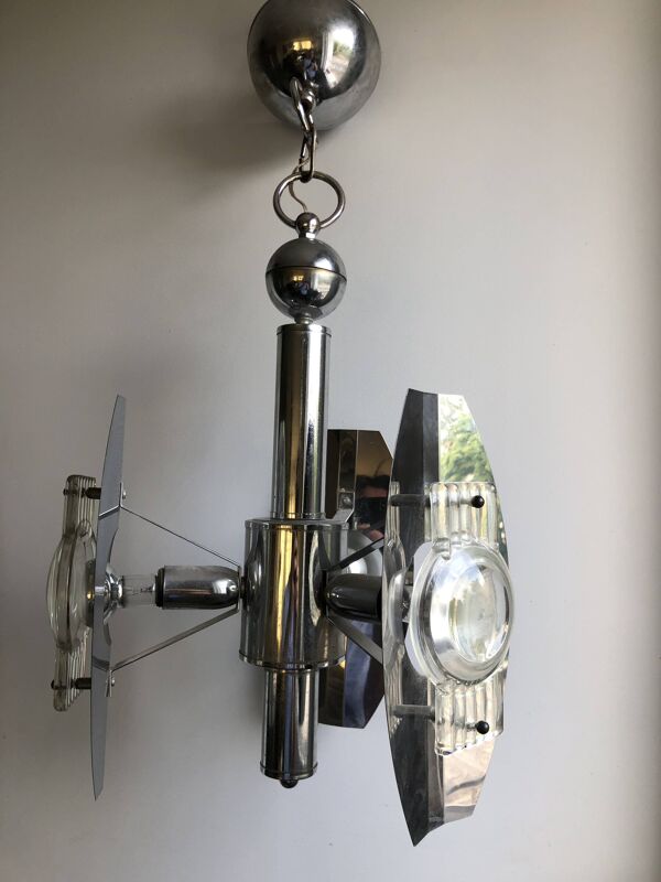 Lustre vintage en inox et verre moulé – design Space Age, années 70