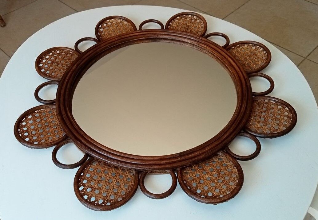 Vintage rattan flower mirror and cannage 60s/70s