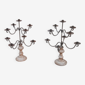 2 old 9-branched candlesticks