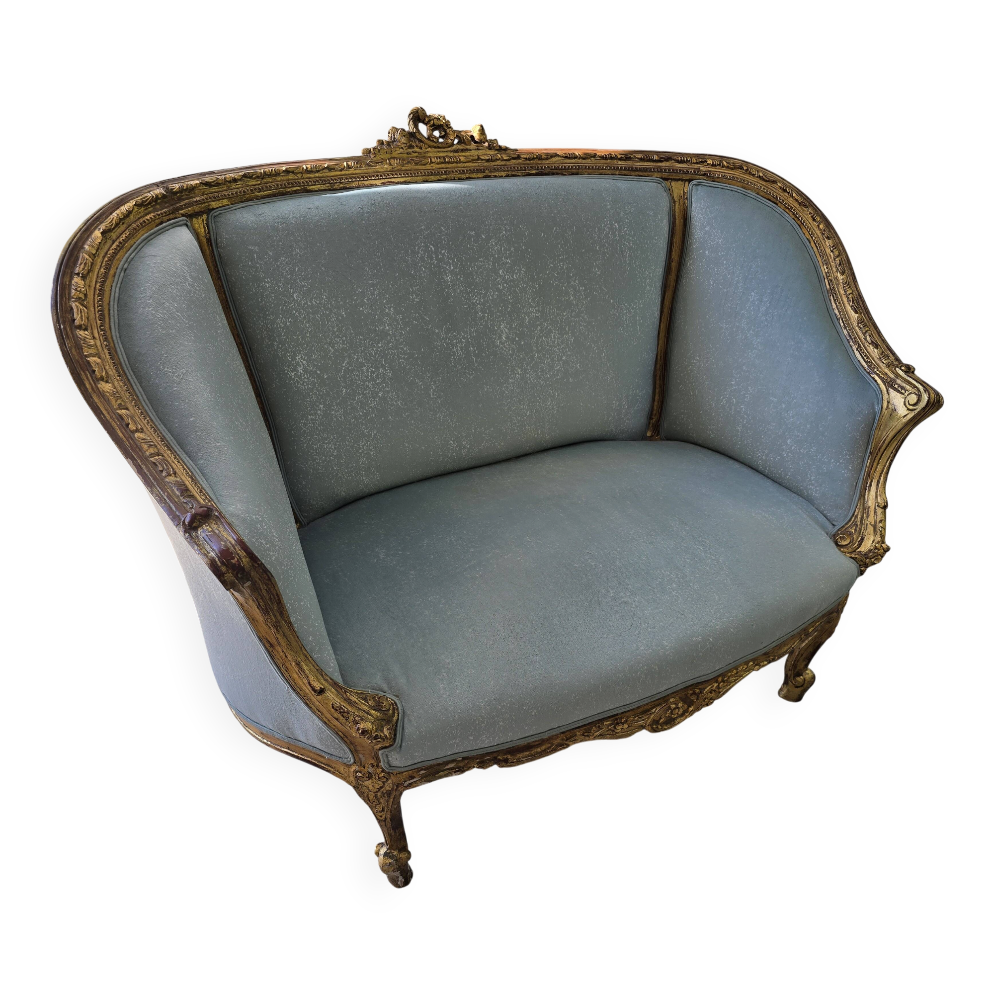 Louis XV gilt basket canapé with green velvet.