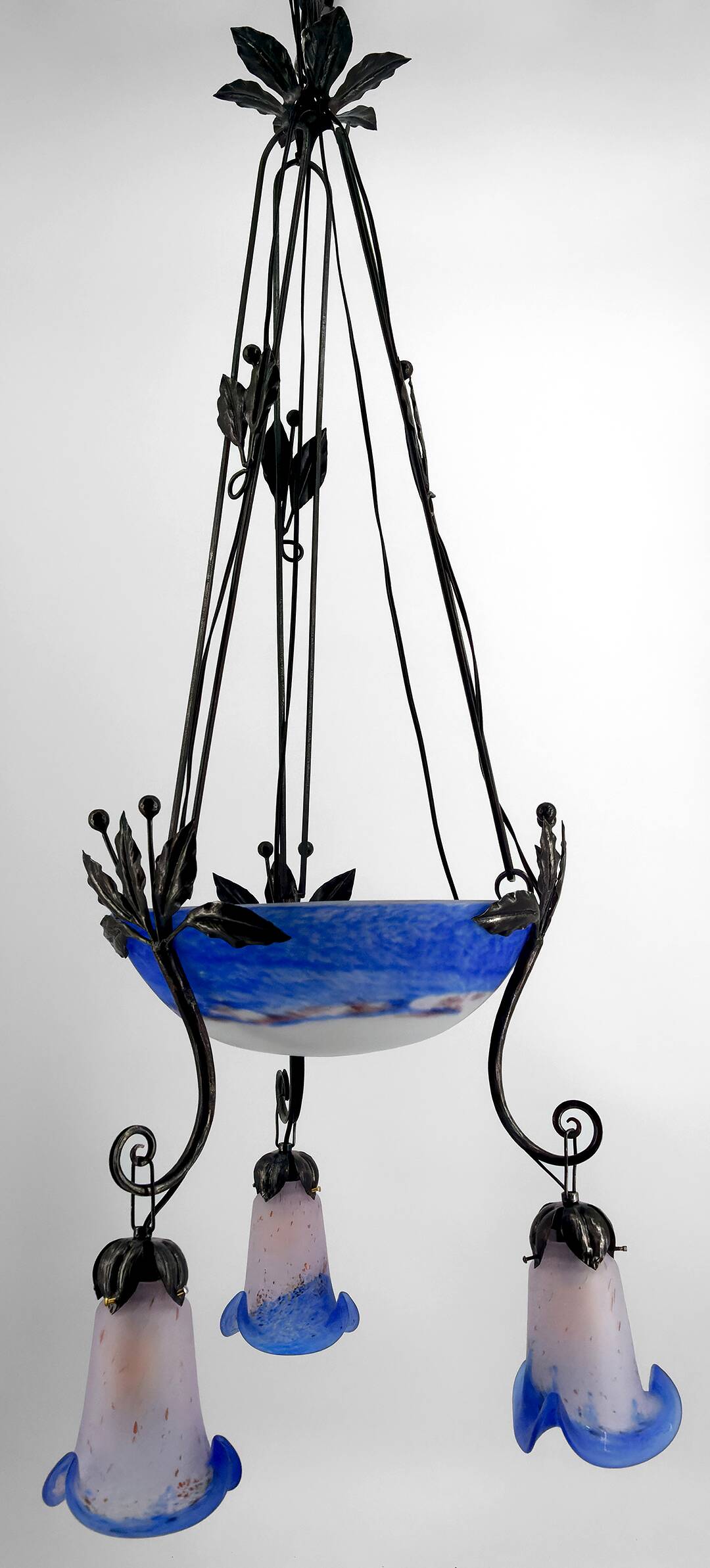 Wrought Iron and Blue Glass Paste Chandelier, Art Deco, France
