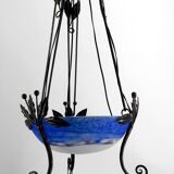 Wrought Iron and Blue Glass Paste Chandelier, Art Deco, France