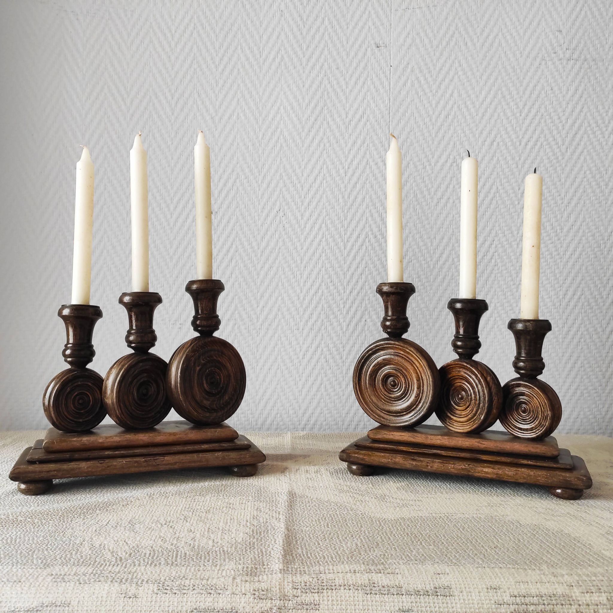 Brutalist turned wood candlestick holders – vintage 50s-60s