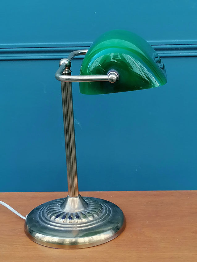 Notary lamp in brass and green opaline, 1950