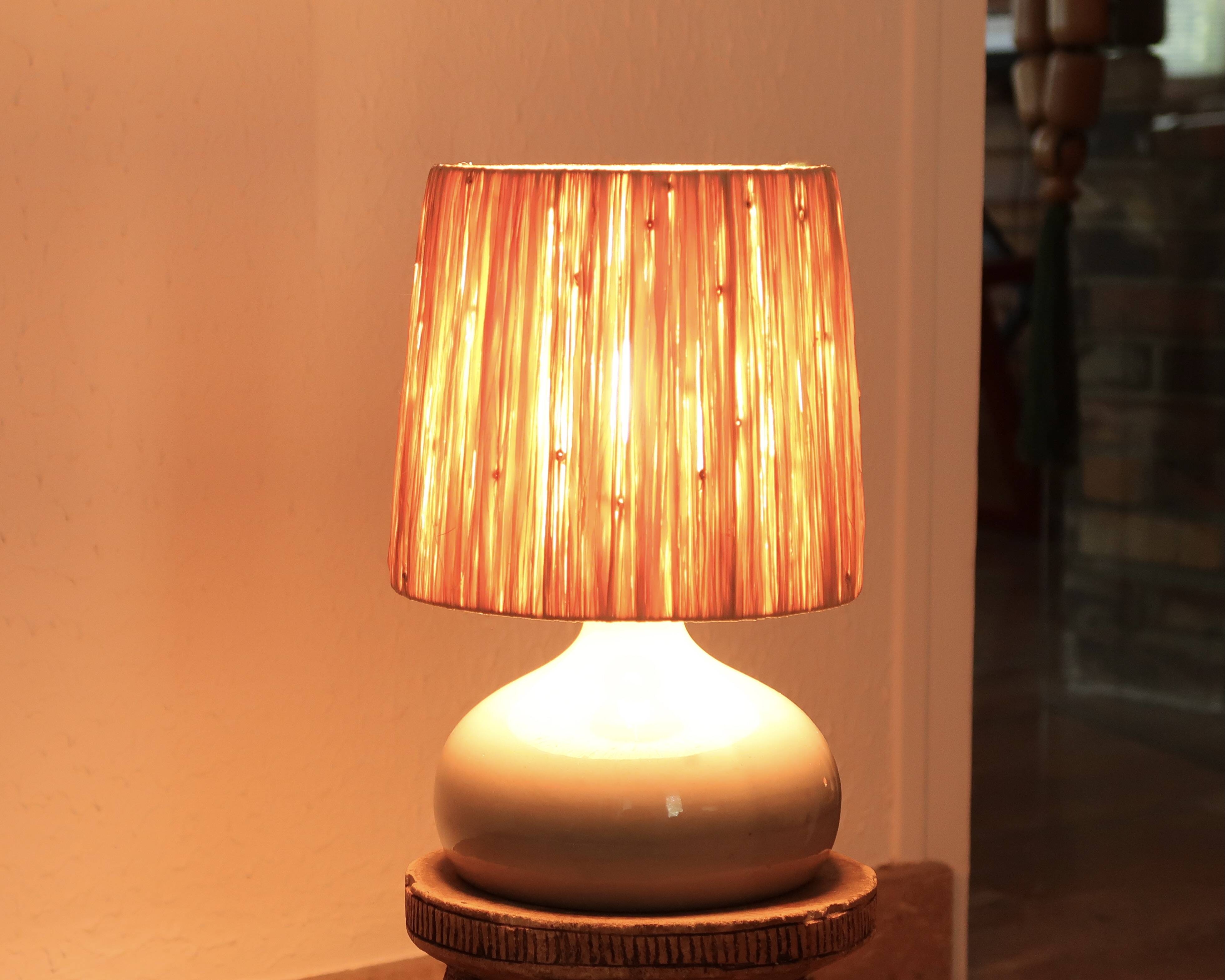 Gray ceramic lamp, raffia lampshade, 1960s