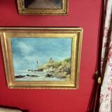 19th century oil on canvas depicting an animated marine scene with its gilded wooden frame