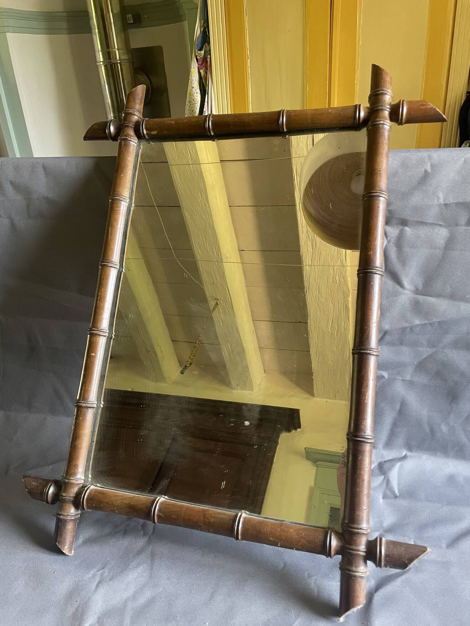 Large barber mirror from the 1940s/50s made of turned wood in a bamboo style.