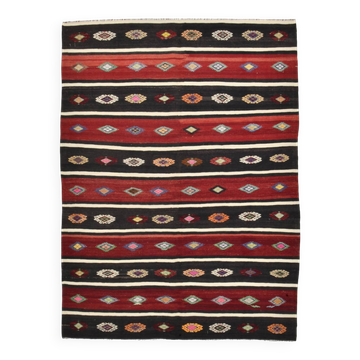 Turkish Red & Black Striped Vintage Kilim Rug, 168x228Cm