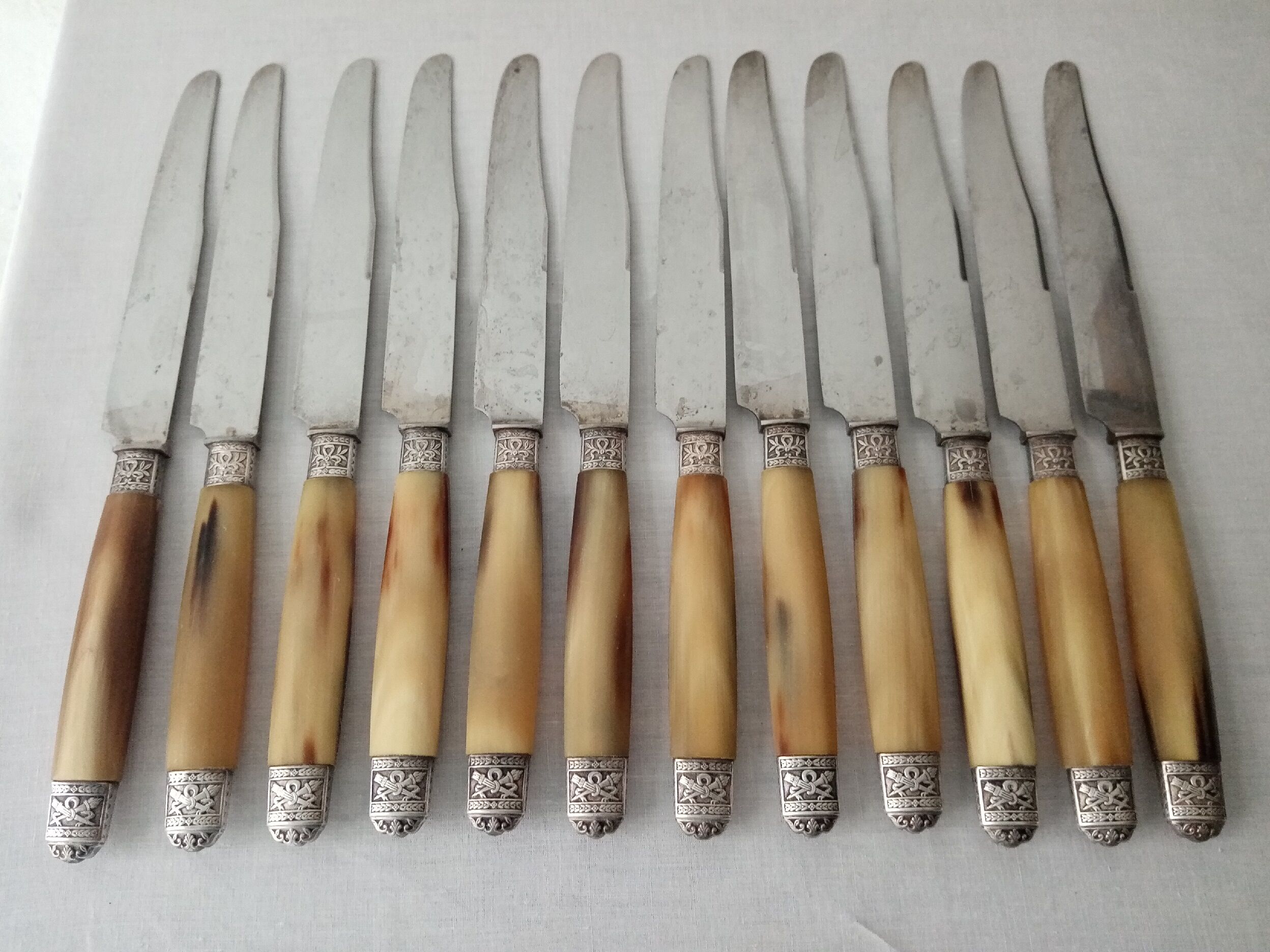 Box 12 old table knife blade steel blade Virole Louis XVI horn handle