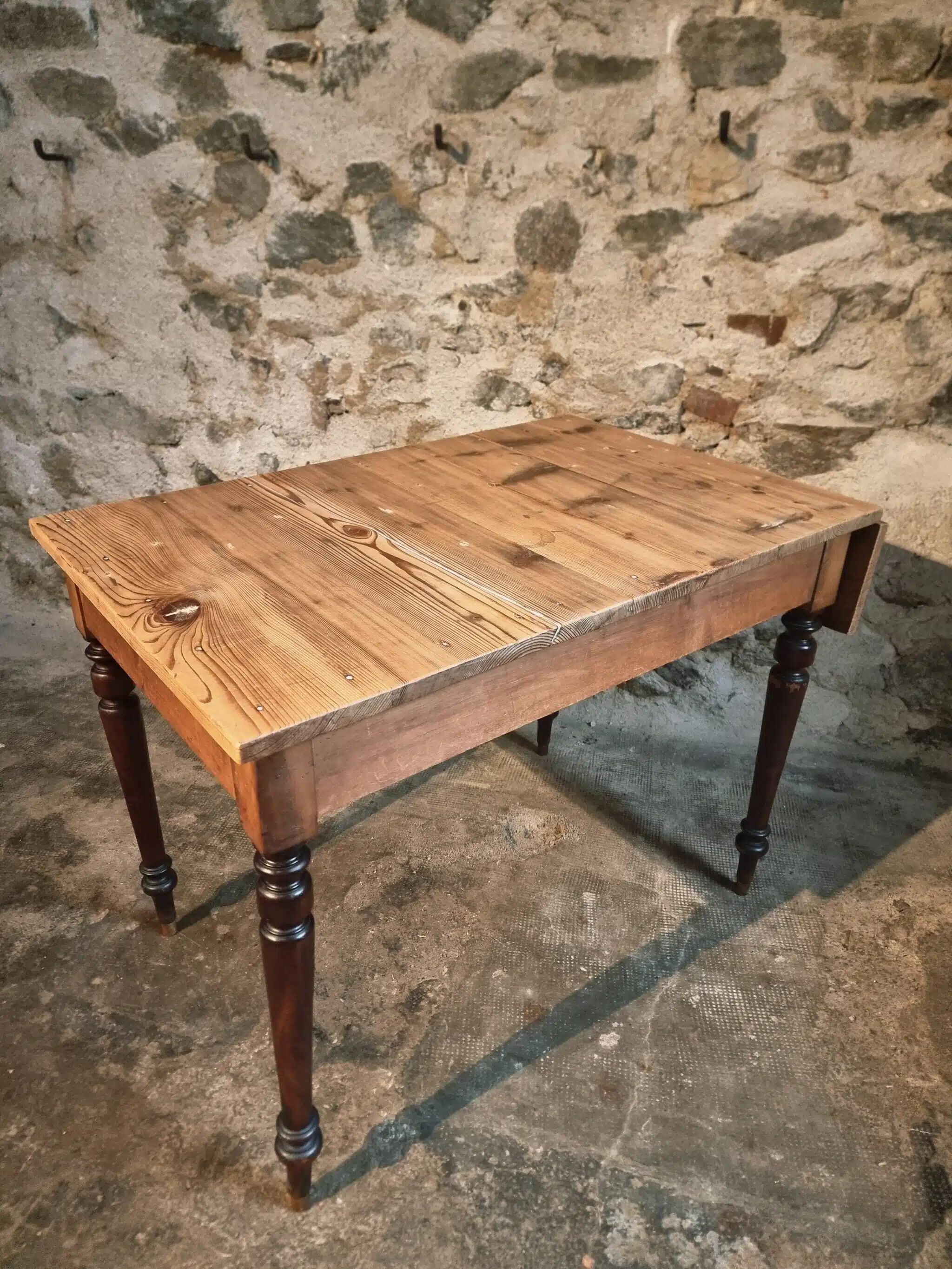 Vintage French pine table with extendable side, circa 1930, suitable for kitchen or office use.