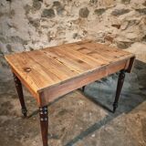 Vintage French pine table with extendable side, circa 1930, suitable for kitchen or office use.