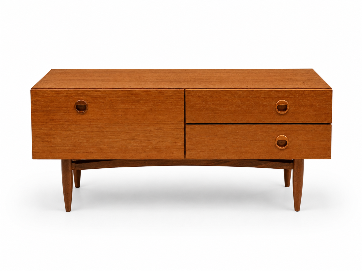 Teak sideboard with flap, 2 drawers and conical legs.