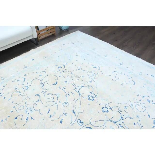 1970s Vintage Persian Handmade Wool Cotton Light Blue Area Rug 291x397