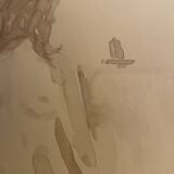 Tableau signé, aquarelle monochrome portait féminin « devant le chevalet »