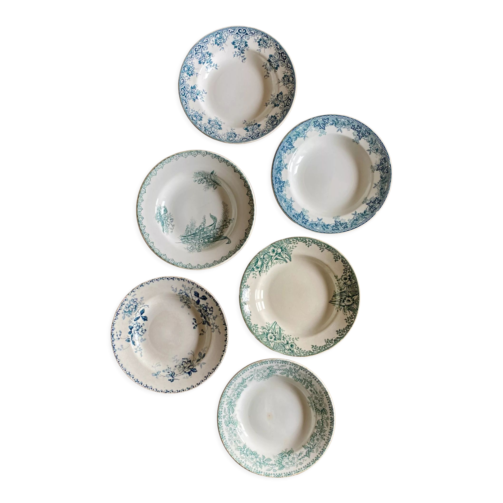 Lor of 6 vintage hollow plates in iron earth, mismatched models