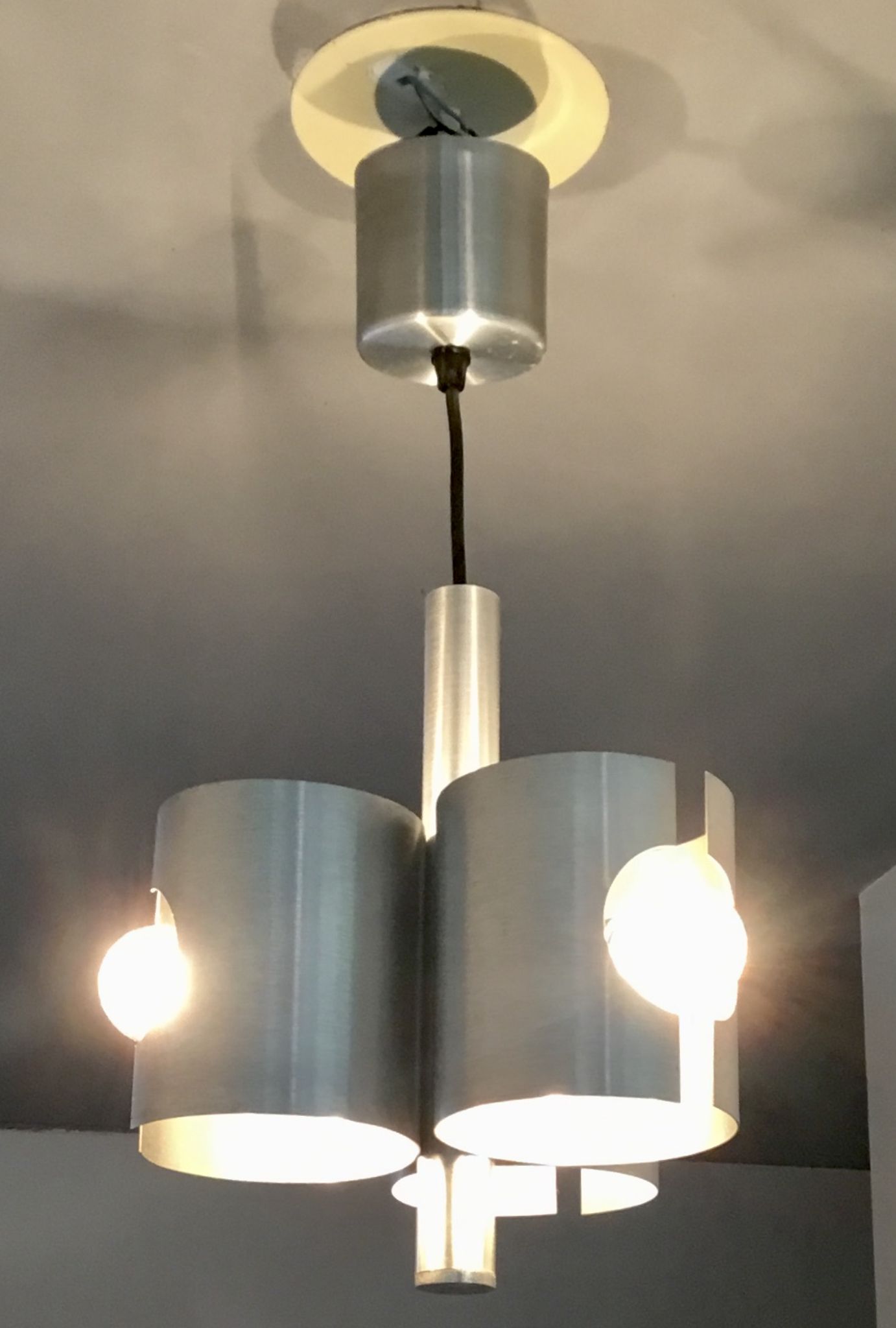 Space-age chandelier with 3 lights, brushed aluminium, 1970 design.