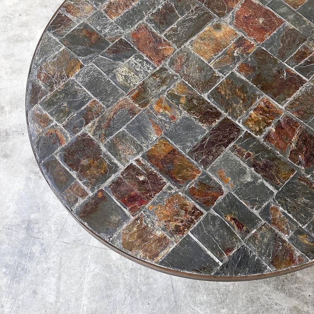 1970s round slate stone mosaic coffee table with sculptural metal base