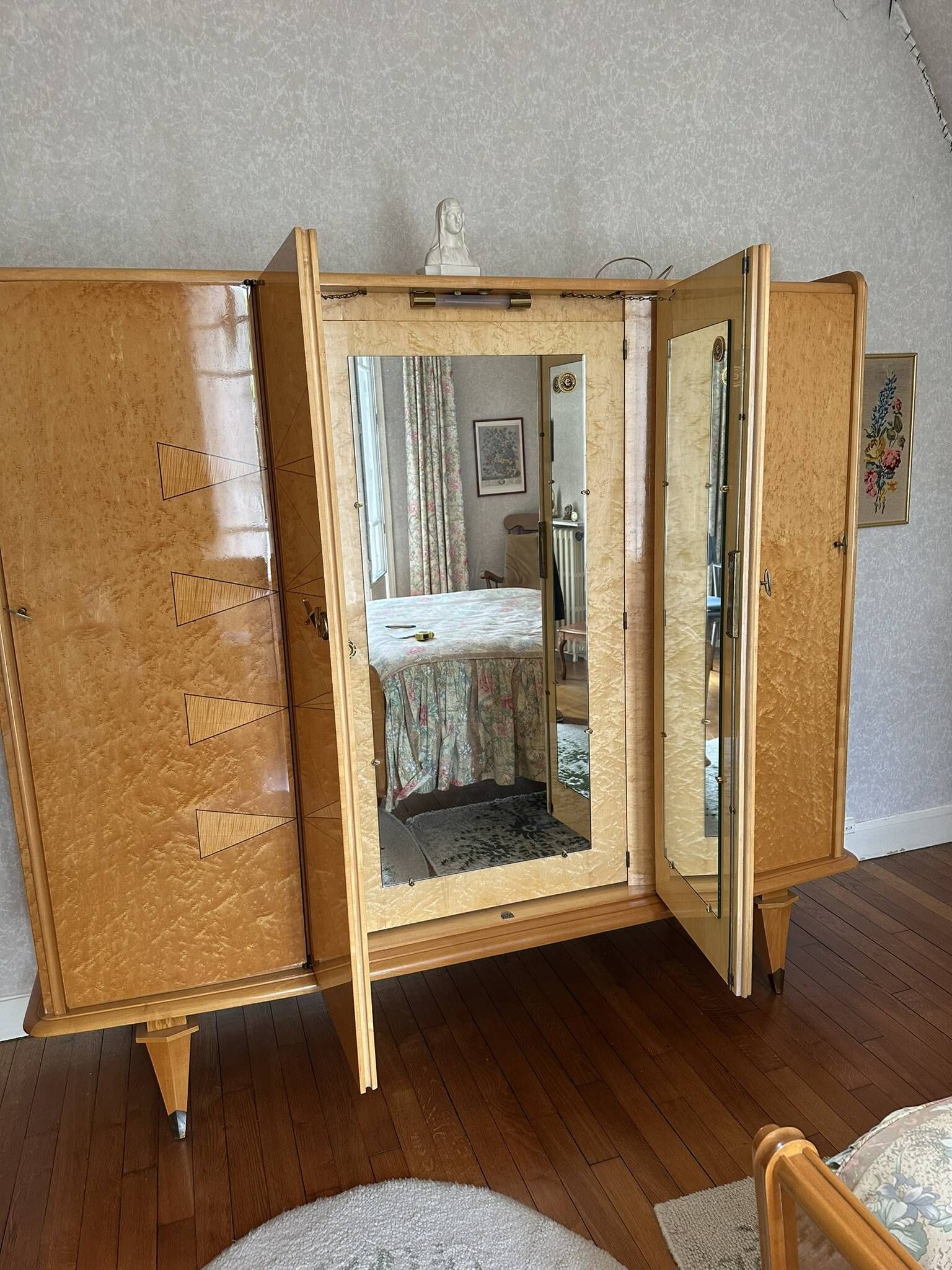 Vintage Art Deco Linen Cabinet / 1950s - Wood Burl and Mirror