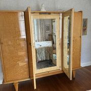 Vintage Art Deco Linen Cabinet / 1950s - Wood Burl and Mirror