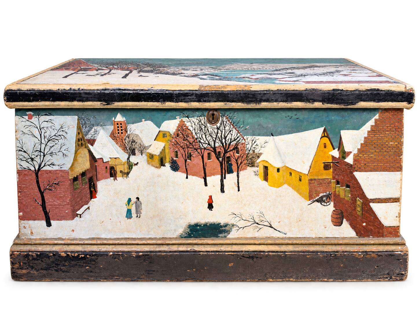Antique chest hand-painted with a snowy village scene and a starry interior.