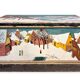 Antique chest hand-painted with a snowy village scene and a starry interior.