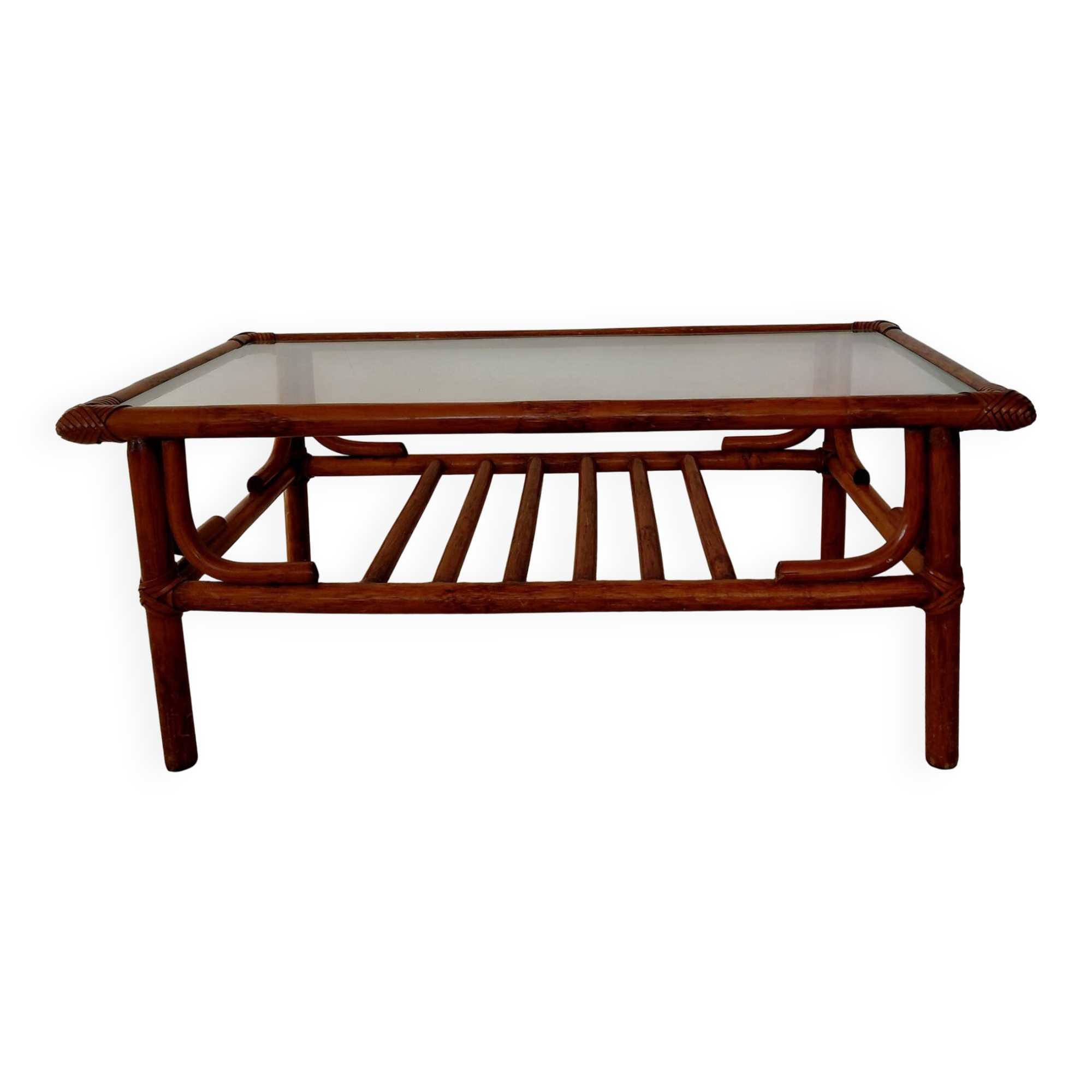 Table basse vintage rotin, bambou et verre-esprit bohème 70s
