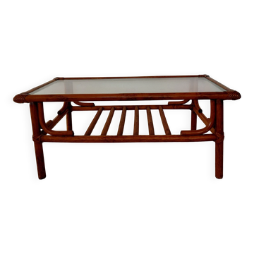 Table basse vintage rotin, bambou et verre-esprit bohème 70s