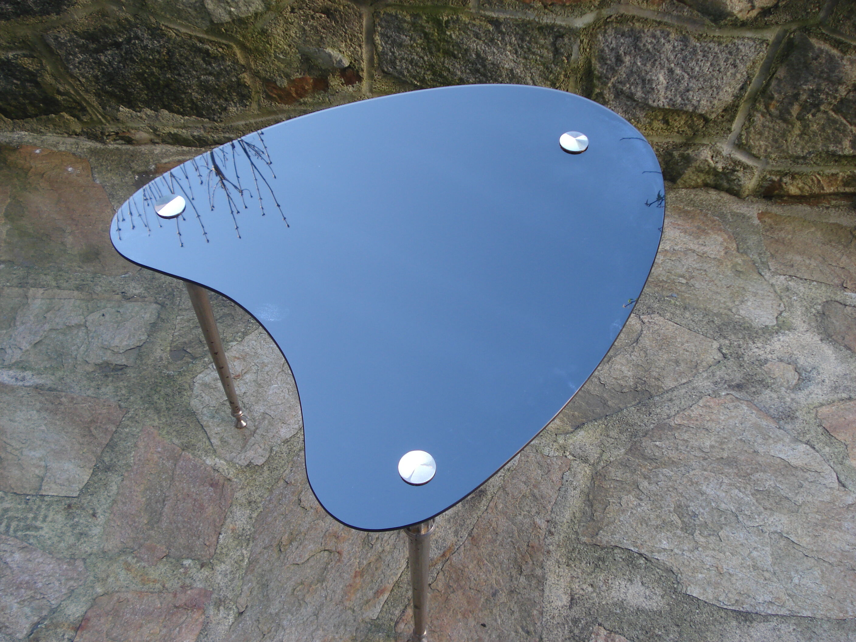 Side table black glass top and metal base