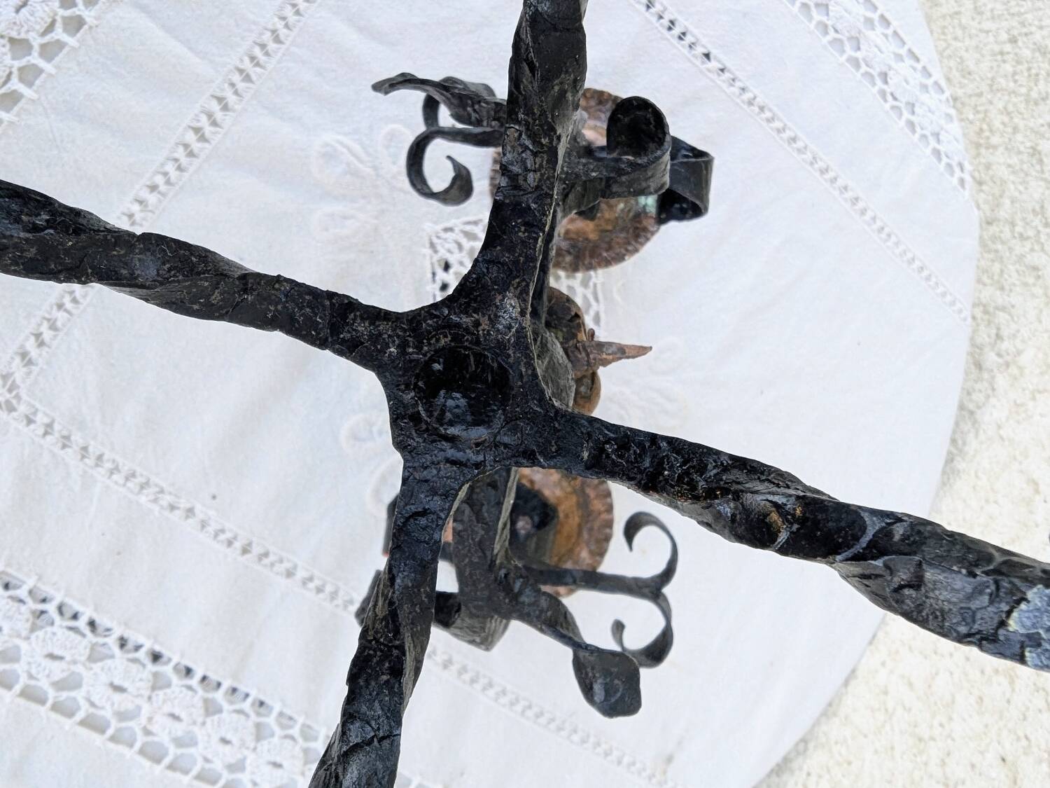 Brutalist Antique Wrought Iron Chandelier Floral Naturalist Candle Holder
