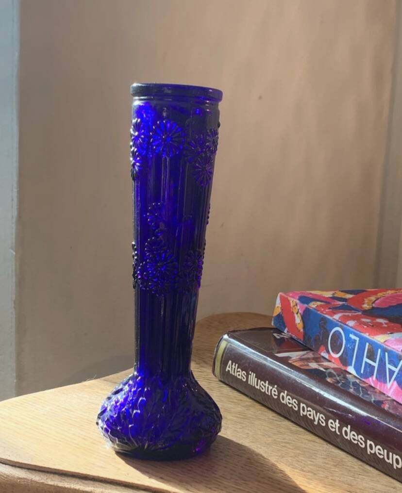 2 vintage cobalt blue pressed glass vases
